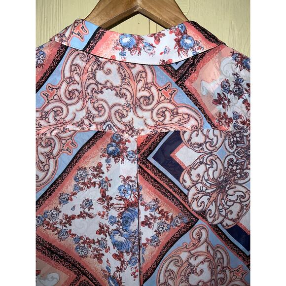 Susan Graver Medium Topper Shirt Tunic Top Vest Chiffon Peach Fuzz Printed Patch - Picture 9 of 13